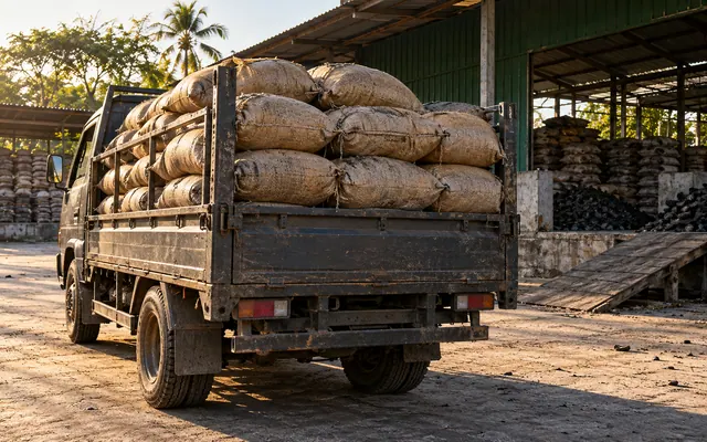 Plain charcoal sacks fill a small delivery truck in a sunlit wholesale yard